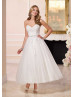 Sweetheart Neckline Ivory Lace Tulle Beaded Sash Tea Length Wedding Dress
